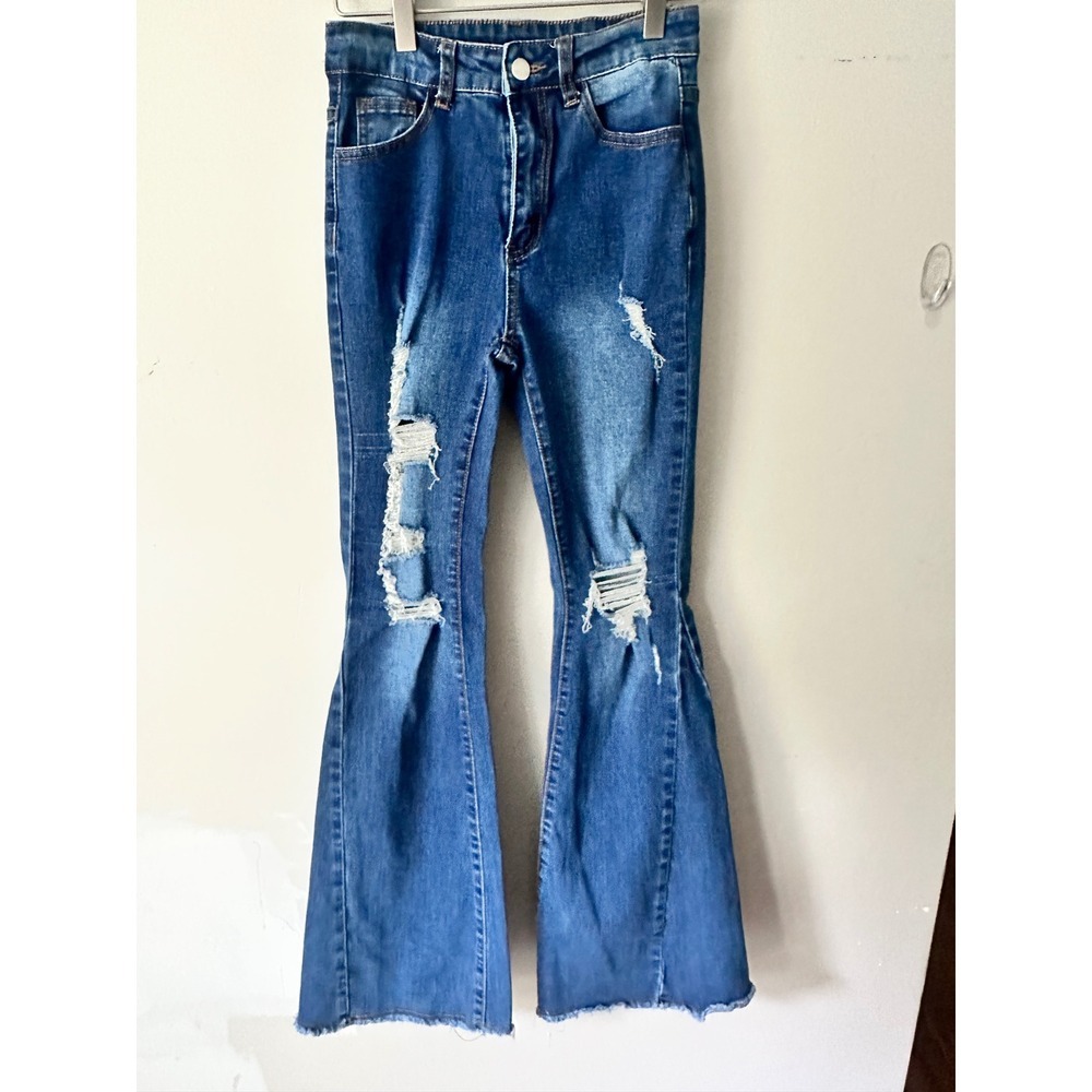 Womens High Waisted Distressed Flare Jeans Medium Wash Ripped Bell Bottoms Sz 2